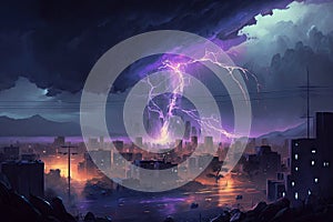 Fantasy landscape with city and thunderstorm