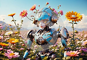 A fashion portrait of a robot surrounded by surreal flowers. A futuristic fusion of technology and nature, perfect for sci-fi-