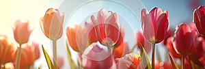 Captivating Field of Tulips Illuminated by Soft Sunlight, Tranquil Beauty in Nature photo