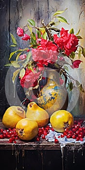 Captivating Floral Still Life: Oil Painting Of Pomegranates With Berries