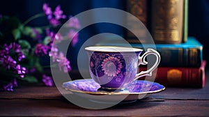 Captivating Floral Still Life: Purple Tea Cup And Saucer On Wooden Table