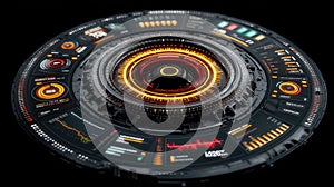 Futuristic digital interface design featuring glowing circular elements and data visualizations in dark environment