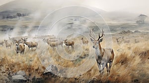 Captivating Gaze A Highly Detailed Painting Of Deers In A Foggy Grassland