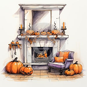 Captivating Halloween Style Sketch Illustration With Pumpkins On Mantel