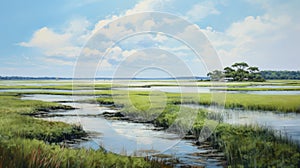 Captivating Harbor View: Lifelike Painting Of A Southern Countryside Marsh