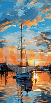 Captivating Harbor Views: Orange Sky Over Ocean In Dmitry Spiros Style photo