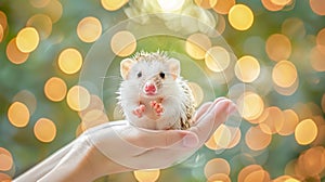 Captivating hedgehog gently cradled in hands against a beautifully blurred background