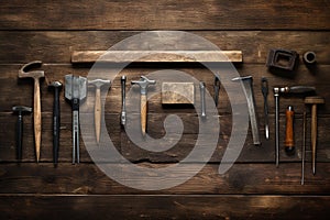 Meticulously Arranged Craftsmanship Tools on Rustic Wooden Table