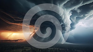 Destructive Forces Unleashed: Swirling Tornadoes and Hurricanes in Dramatic Stormy Evening photo