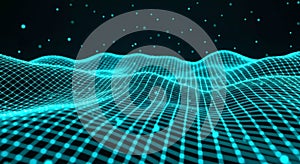 Dynamic cyan digital grid wave background for advanced technology, big data visualization, and future network security concepts.