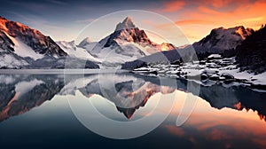 Picturesque Sunrise Over Pristine Alpine Lake Surrounded by Snowy Mountains with Perfect Reflection. Generative Ai