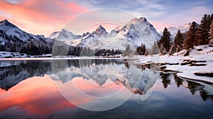 Picturesque Sunrise Over Pristine Alpine Lake Surrounded by Snowy Mountains with Perfect Reflection. Generative Ai