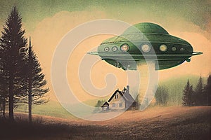 A captivating illustration reminiscent of early 1900s vintage postcards, showcasing a UFO spaceship with intricate