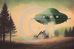 A captivating illustration reminiscent of early 1900s vintage postcards, showcasing a UFO spaceship with intricate photo