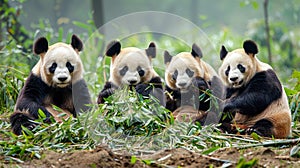 Captivating image of adorable giant pandas enjoying their bamboo feast in the serene landscapes of Chengdu, China