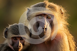 Captivating image of an african baboon family in the breathtaking backdrop of the safari wilderness
