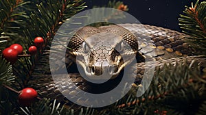 Yuletide Intruder: Snake Coiled Amid Christmas Fir Branches, Nightly Elegance