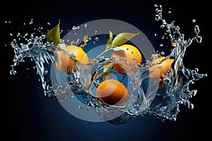 A captivating image capturing a group of vibrant oranges effortlessly buoying in a serene water body, Play with orange and blue