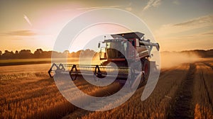 Captivating Image of a Combine Harvester Working in a Rye Field During Sunset.