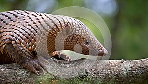 Spotlight on the Rare Tree Pangolin, Camouflaged Among Ancient Forest Trees in a Blush of Dusk Lighting photo