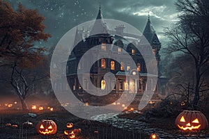 A captivating image featuring a sizeable house adorned with multiple pumpkins displayed prominently in the foreground, A spooky