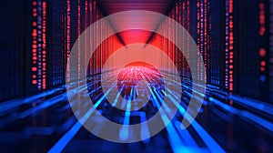 Futuristic Data Center Corridor Red and Blue Digital Server Racks and Network Lines AI generated.