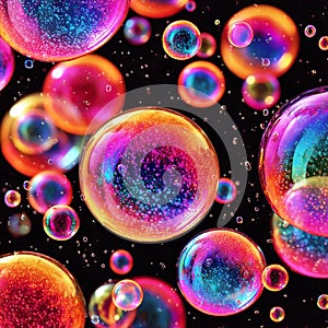 A cluster of iridescent bubbles floating against a black backdrop