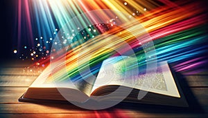 Magical Open Book with Rainbow Light Beams, AI Generated