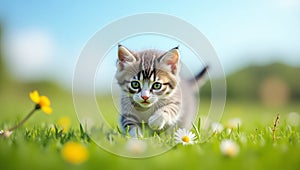 Adorable Kitten Exploring a Spring Meadow