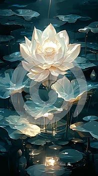 Stylized, radiant white lotus flower illuminated in dark waters surrounded by glowing lily pads in an ethereal setting