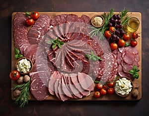 In this captivating image, a rustic wooden board serves as the canvas for a gourmet plate of meat.