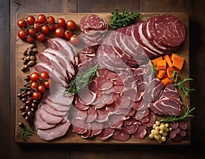 In this captivating image, a rustic wooden board serves as the canvas for a gourmet plate of meat.