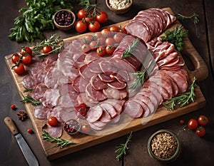 In this captivating image, a rustic wooden board serves as the canvas for a gourmet plate of meat.