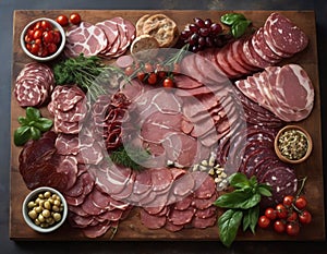 In this captivating image, a rustic wooden board serves as the canvas for a gourmet plate of meat.