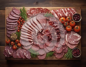 In this captivating image, a rustic wooden board serves as the canvas for a gourmet plate of meat.