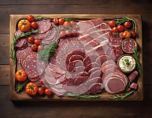 In this captivating image, a rustic wooden board serves as the canvas for a gourmet plate of meat.