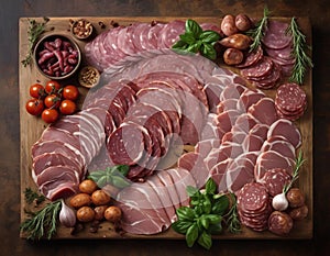 In this captivating image, a rustic wooden board serves as the canvas for a gourmet plate of meat.