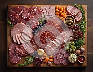 In this captivating image, a rustic wooden board serves as the canvas for a gourmet plate of meat.