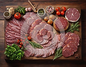 In this captivating image, a rustic wooden board serves as the canvas for a gourmet plate of meat.