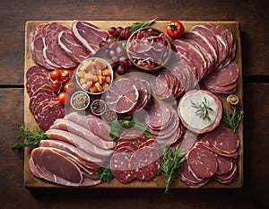 In this captivating image, a rustic wooden board serves as the canvas for a gourmet plate of meat.