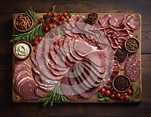 In this captivating image, a rustic wooden board serves as the canvas for a gourmet plate of meat.