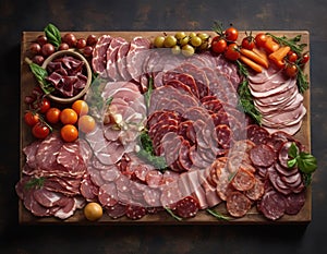 In this captivating image, a rustic wooden board serves as the canvas for a gourmet plate of meat.