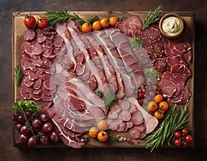 In this captivating image, a rustic wooden board serves as the canvas for a gourmet plate of meat.