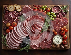 In this captivating image, a rustic wooden board serves as the canvas for a gourmet plate of meat.