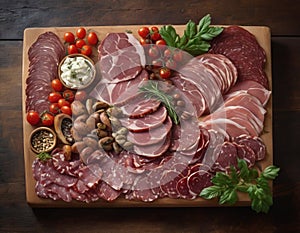 In this captivating image, a rustic wooden board serves as the canvas for a gourmet plate of meat.