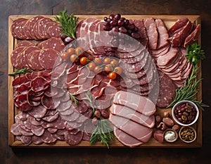 In this captivating image, a rustic wooden board serves as the canvas for a gourmet plate of meat.