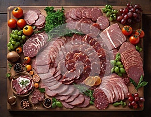 In this captivating image, a rustic wooden board serves as the canvas for a gourmet plate of meat.