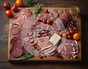 In this captivating image, a rustic wooden board serves as the canvas for a gourmet plate of meat.