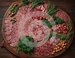 In this captivating image, a rustic wooden board serves as the canvas for a gourmet plate of meat.