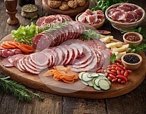 In this captivating image, a rustic wooden board serves as the canvas for a gourmet plate of meat.